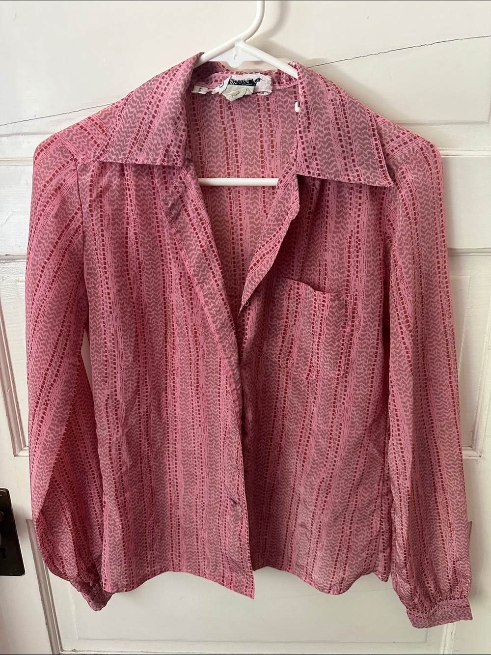 Vintage 70's Jonathan Martin Pink Button-Up Blouse Texture Stripe Pattern Collar
